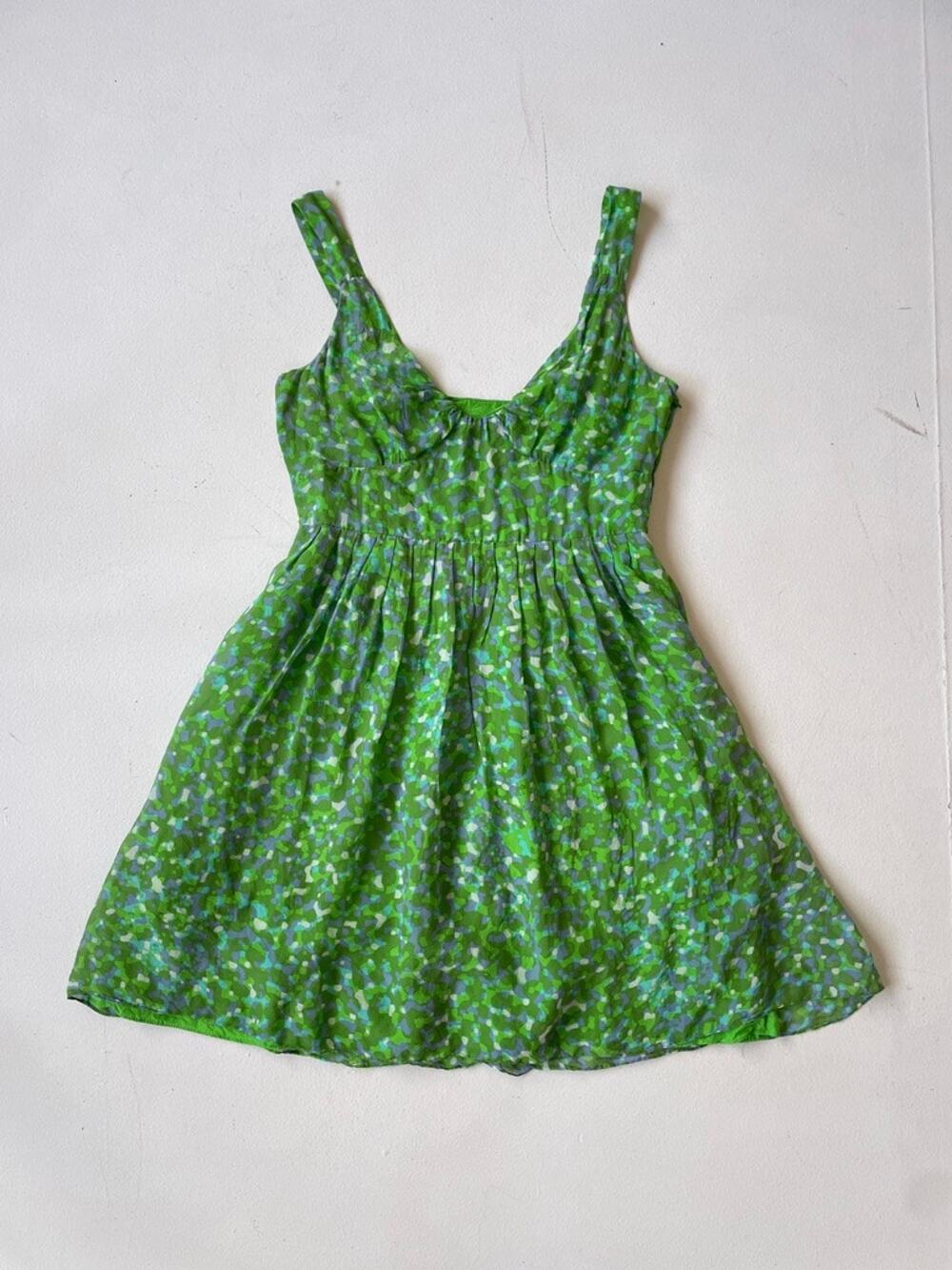 Cynthia Steffe Green Silk Babydoll Dress Watercolor Coquette Sun Dress Sz 8
